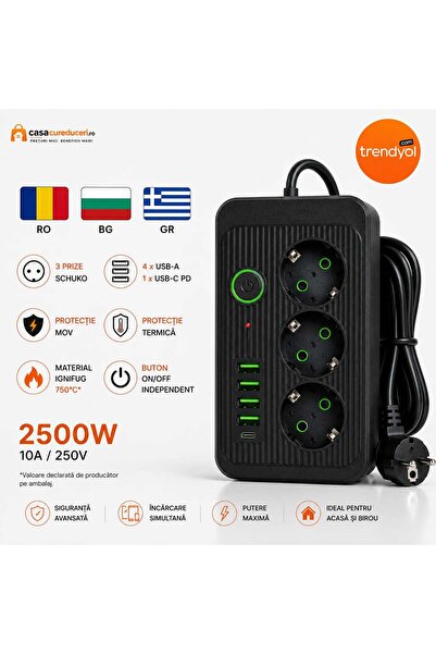 ASMXX Electrical extension cord with 3 Schuko sockets, 4 USB-A, 1 USB-C PD, 2...