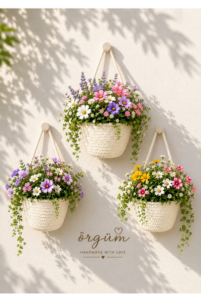 ÖRGÜM Basket 3-Piece Mini Basket Organizer (Plants and Wooden Hangers Are Not...