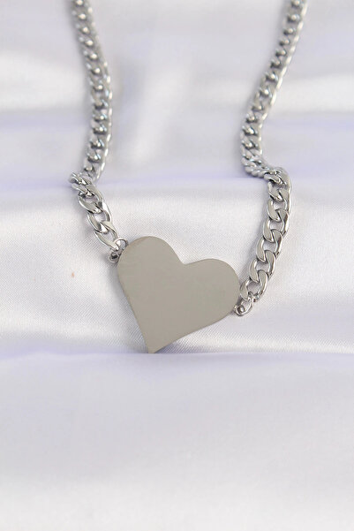 SORA GROUP 316l steel chain silver color flat plate heart necklace