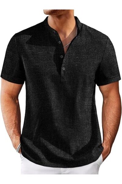 Runcati Mens Henley Shirts Short Sleeve Casual Linen Band Collar T-Shirt Summ...