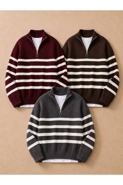pepule Men's 3-Piece Set Half-Zipper Striped Knitwear Sweater Oversize Model