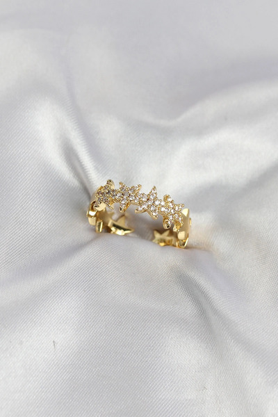 SORA GROUP Gold Color Brass Row Star Model Zircon Stone Women's Ring