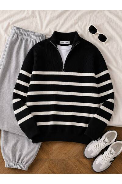oneoff Men's 3-Pack Striped Knitwear Sweater Half Zipper Stand Collar Oversiz...