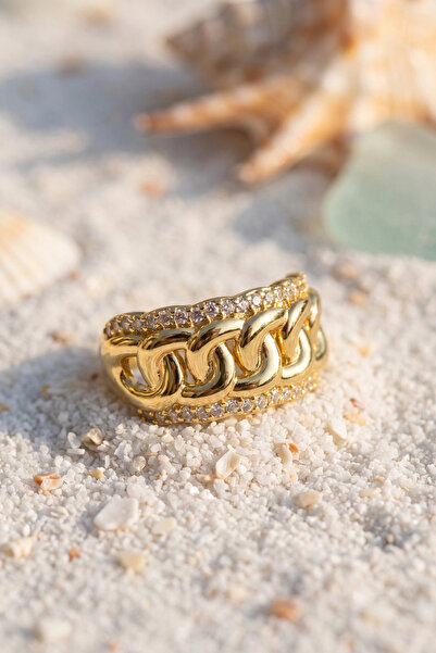 shopwave Double Row Zircon Stone Mesh Chain Form Gold Color Ring