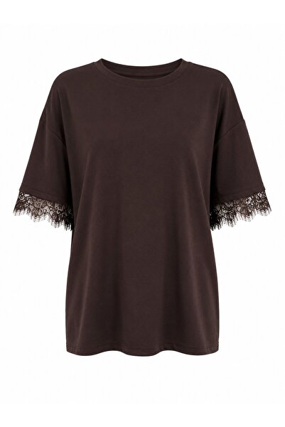 Laluvia Brown T-Shirt with Lace Detail on the Back - 1073