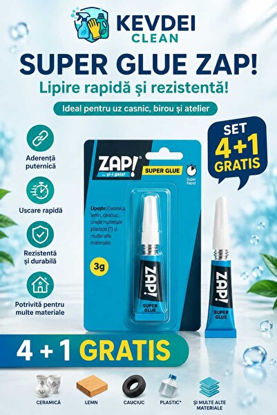 ZAP Super Glue ZAP! 3g – Set 4+1 GRATIS, Adeziv Instant cu Uscare Rapidă, Lip...