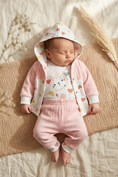 Babyim Rabbit Printed Hooded Cardigan, Bodysuit and Ribbed Trousers 3-Piece B...