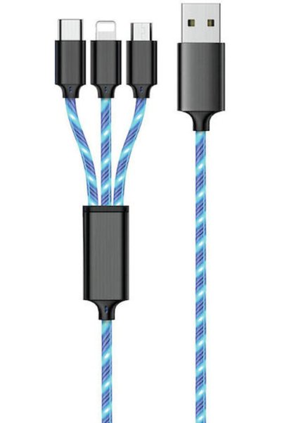 2go Καλώδιο LED USB σε Lightning / Type-C / micro USB 1,5μ Μπλε (797315)