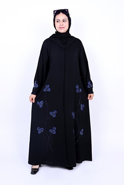 Izzah Bella Black Abaya with Blue Flower Embroidery and Bead Handwork
