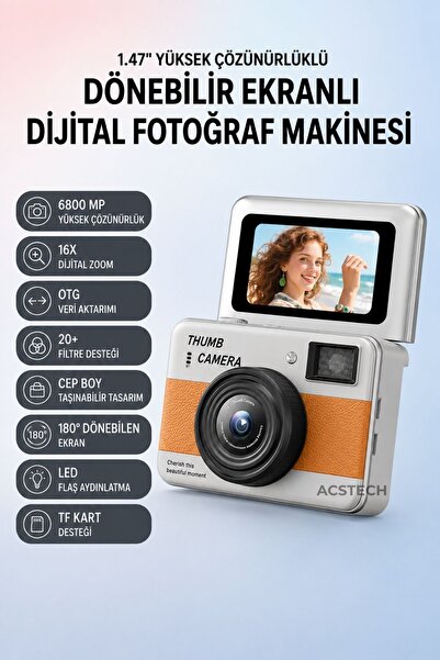 ACSTECH 68MP Mini Dijital Fotoğraf Makinesi | 180° Dönebilir Selfie Ekranı | ...