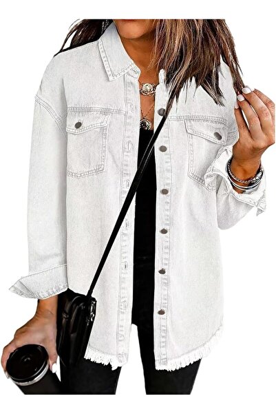 GENERAL Denim Jacket for Women Oversized Boyfriend Jean Jacket Button Up Fray...