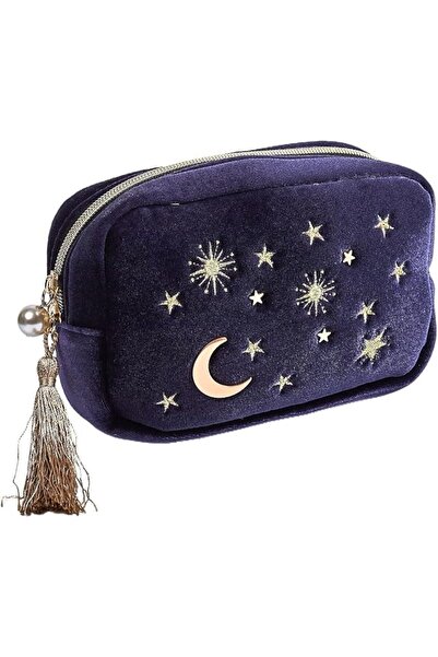 Yelajoy Handy Travel Makeup Bag, Navy Blue Velvet Cosmetic Pouch with Exquisi...