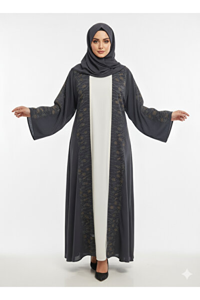 RIZQE Rizqé Charcoal Gray Nida Abaya | Silver Piped Open Front | Contemporary...