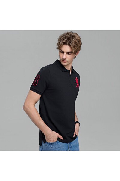 Giordano قميص بولو رجالي بقصة ضيقة وتطريز أسد ثلاثي الأبعاد من الليكرا بيكيه