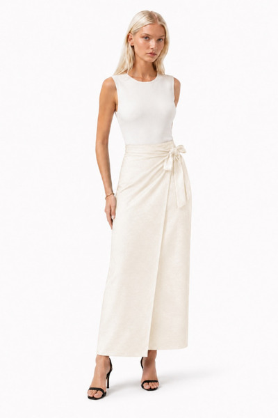Asfaha Fashion Women's Black/Ecru Side Tie Long Skirt with Slit Detail