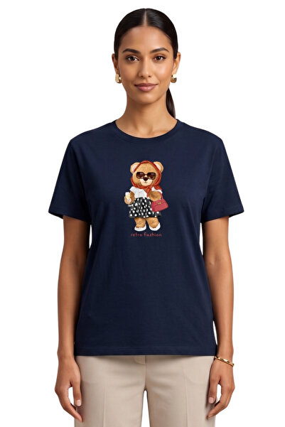 DK DAKSEL Women's Navy Blue Retro Teddy Bear Printed T-Shirt Comfortable Fit ...