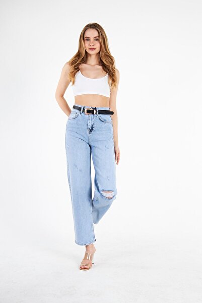 cracpot Kadın Mavi Yüksek Bel Comfort Kumaş Relaxed Jeans Pantolon