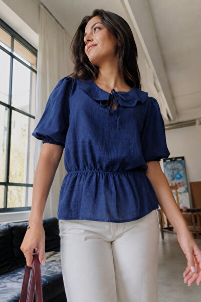 armonika Women's Navy Blue Baby Collar Blouse with Elastic Waist and Sleeves ...