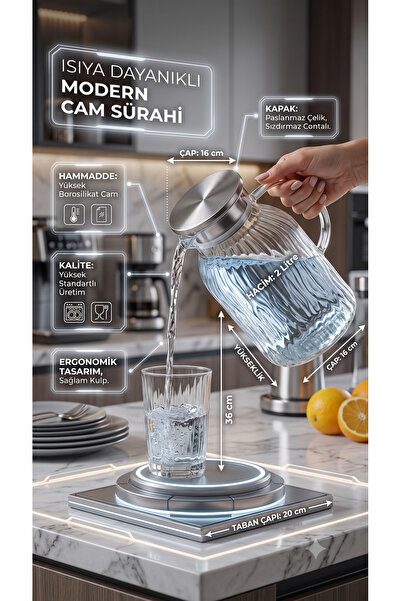 RİVO HOME DECOR Isıya Dayanıklı Modern Borosilikat Cam Sürahi 2 Litre Paslanm...