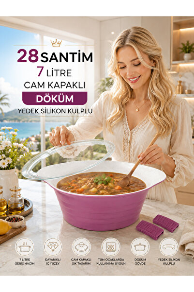 Genel Markalar 28 cm 7 Litre Döküm Tencere Cam Kapaklı Geniş Hacimli Yemek Te...