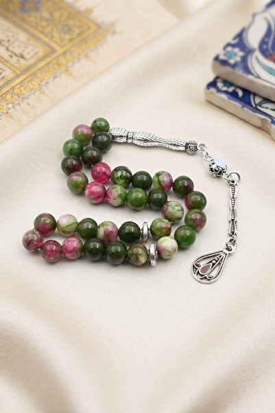 Prestige Natural Jade Stone 33 Prayer Beads with Metal Tassel 8mm Sphere Cut ...
