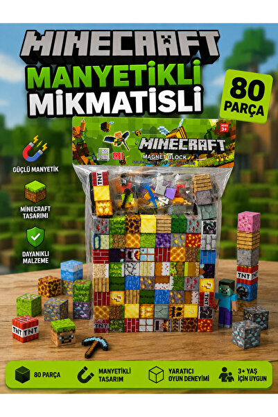TÜTSÜ SEPETİ Minecraft Tarzı Manyetik Blok 80 Parça Mıknatıslı Yapı Seti Eğit...