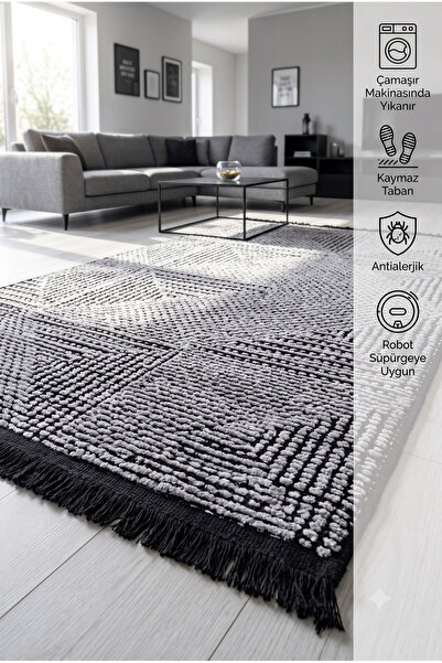 Santa Clara Makinada Yıkanabilir, Kaymaz Taban Gri Siyah Şönil Kilim Halı Saç...