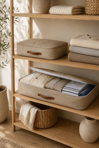 Dathcha Beige Jute Storage Bag 1 Piece m + 1 Piece L - Set of 2 Foldable Fabric Storage Bags Closet and Under-Bed Organizer