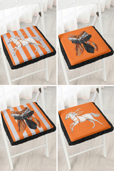Realhomes Orange 4-Piece Fringed Zippered Chair Cushion with White Running Ho...