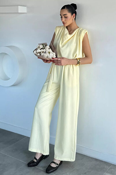 Aryena Yellow Women's Degaje Collar Shoulder Padded Elastic Waist Jumpsuit