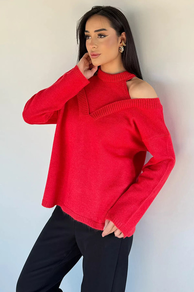 Aryena Red Halter Neck Women's Knitwear Blouse