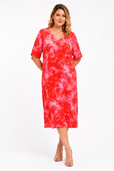 Şans Women's Plus Size, Fujya, Woven Viscose Fabric, V-Neck Tie-Dye Pattern D...
