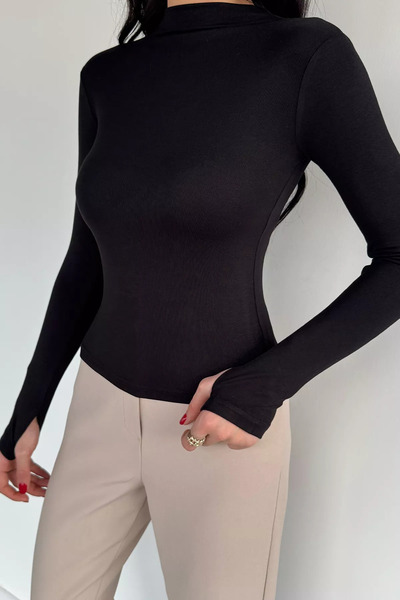 Aryena Black Women's High Neck Lycra Body Blouse with Finger Loop