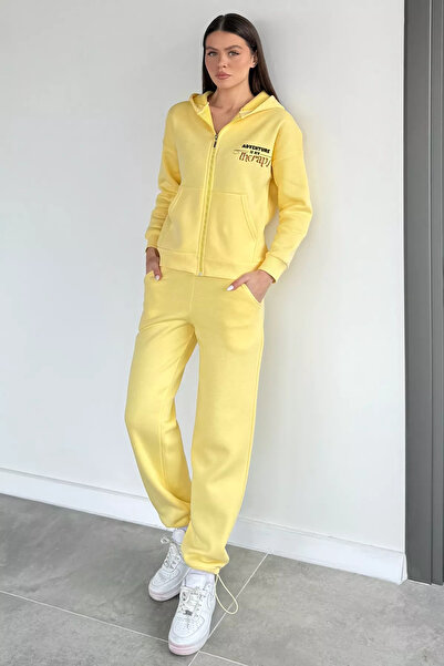 Aryena Yellow Women's Hooded Printed Front Zipper Elastic Waist Sweatpants Set