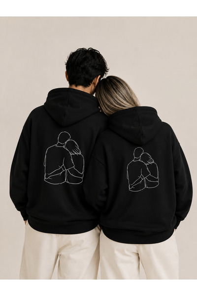 Jooy Sevgili Kombini Hugging Couple Printed 2-Piece Hooded Hoodie Sweatshirt
