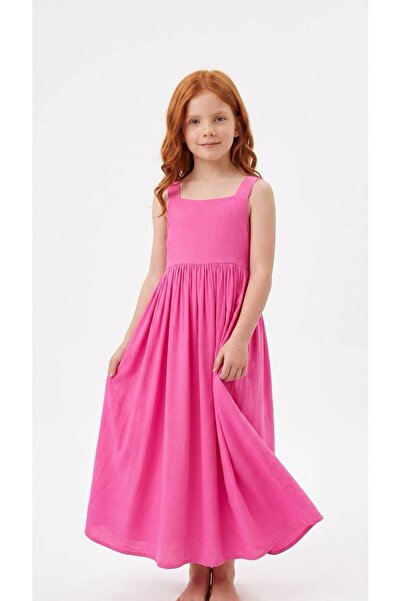 ZeZe Kid Kız Çocuk Pembe Renkli Askılı Viskon Uzun Elbise