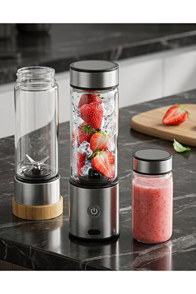 Şarjlı Portatif Cam Blender 450 ml + 350 ml Çift Hazneli USB Type-C 126W Buz Kırma Özellikli Kişisel Blender Smoothie Maker