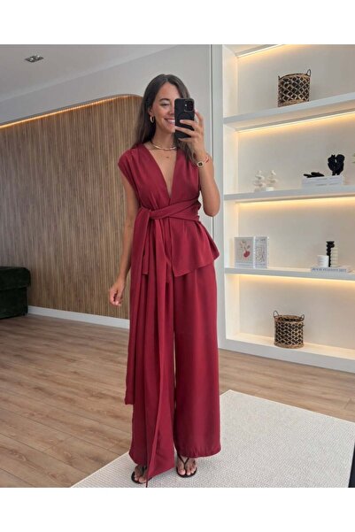 Myrum butik Riva Kırmızı Bağlama Detaylı Bluz Pantolon Takım