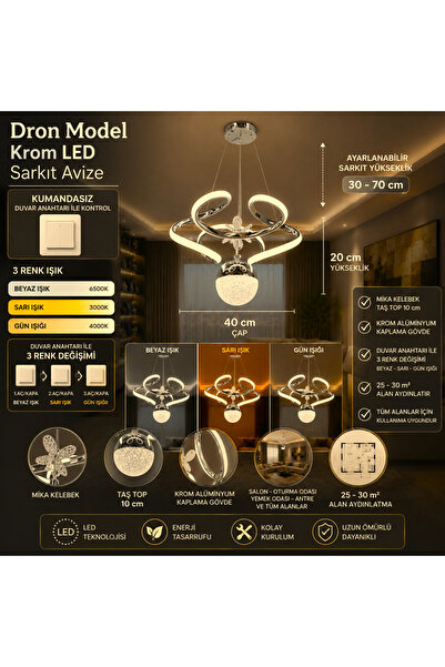mubeda aydınlatma Dron Model Krom LED Sarkıt Avize - 3 Renk Aydınlatma (KUMAN...