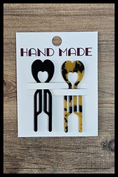 MAZEN 2 Adet Kalp Model Hairpin Saç Topuz Tokası Çubuk Toka Siyah Leopar 9 cm
