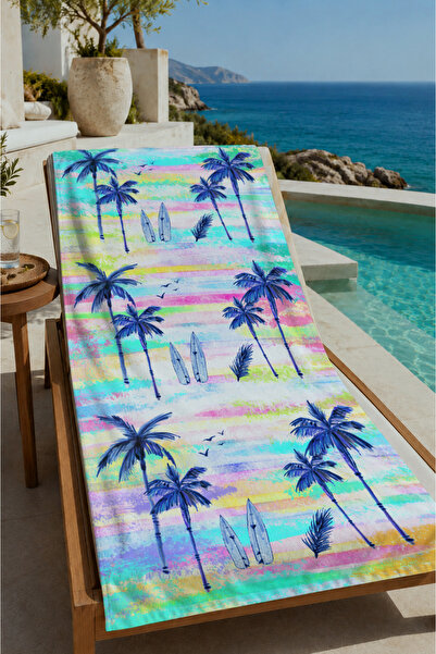 Evmila Tropical Palm and Colorful Coastline Patterned 70X150 Beach Towel - Co...