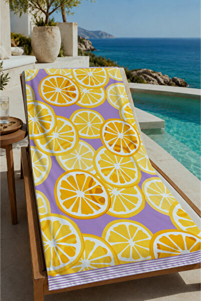 Evmila Lilac Yellow Lemon Patterned 70X150 Beach Towel - Digital Printed Fade...