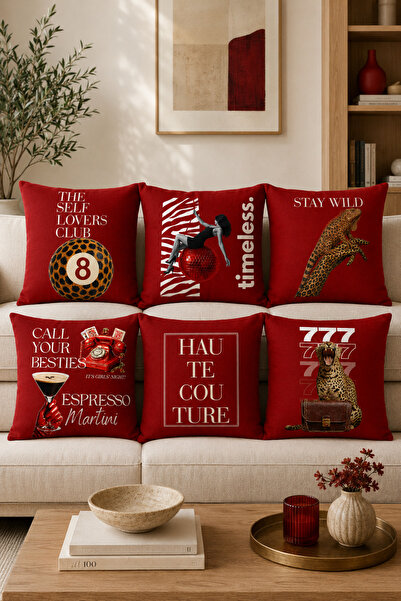 stellahomes Set of 6 Red Leopard and Retro Text Patterned Digital Printed Dec...