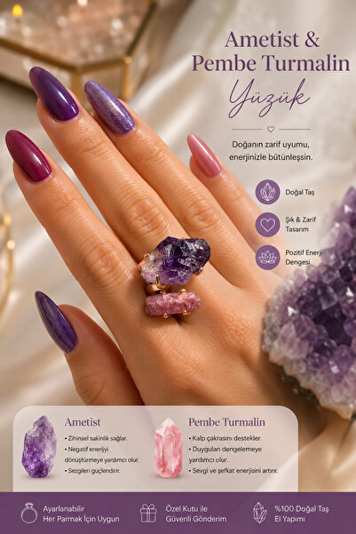The Magıc of Healıng Adjustable Women's Ring with Amethyst & Pink Tourmaline ...