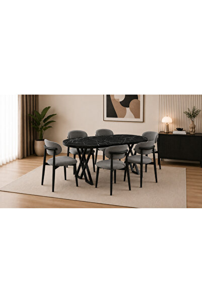 AVVİO Luna Serisi 80x160 cm 6 Kişilik MDF Oval Yemek Masası Mutfak Masası Tak...