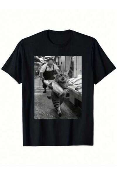 23ERVA 1pc Womens Funny Cat Stealing Fish TshirtCotton 180gsm.Printed Tee.Uni...