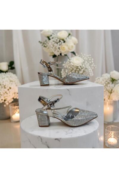 Fiyra 7012 Silver Glittery Stone Thick Square Heel Evening Dress Stiletto Shoes