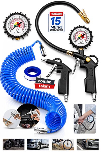 PROXTECH 15 Metre Kompresör Hava Hortum | Saatli Lastik Şişirme ve Üfleme Tabancası | Jak Takım