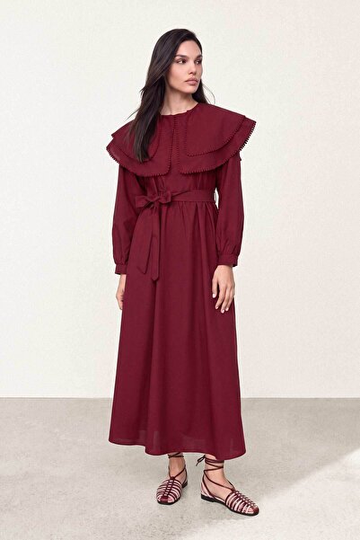 Hooopstore Brode Şerit Detaylı Bordo Elbise