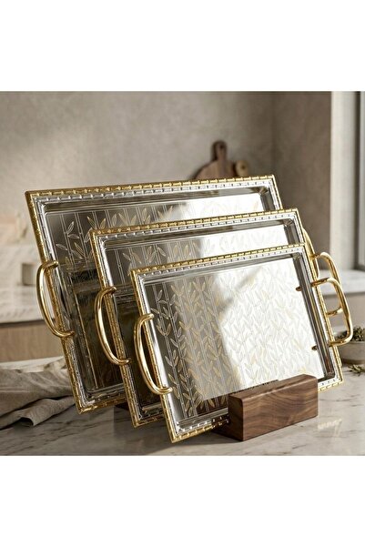 laverahome Steel Tray Set with High-End Pattern Design - 3 Pieces - Gold |
